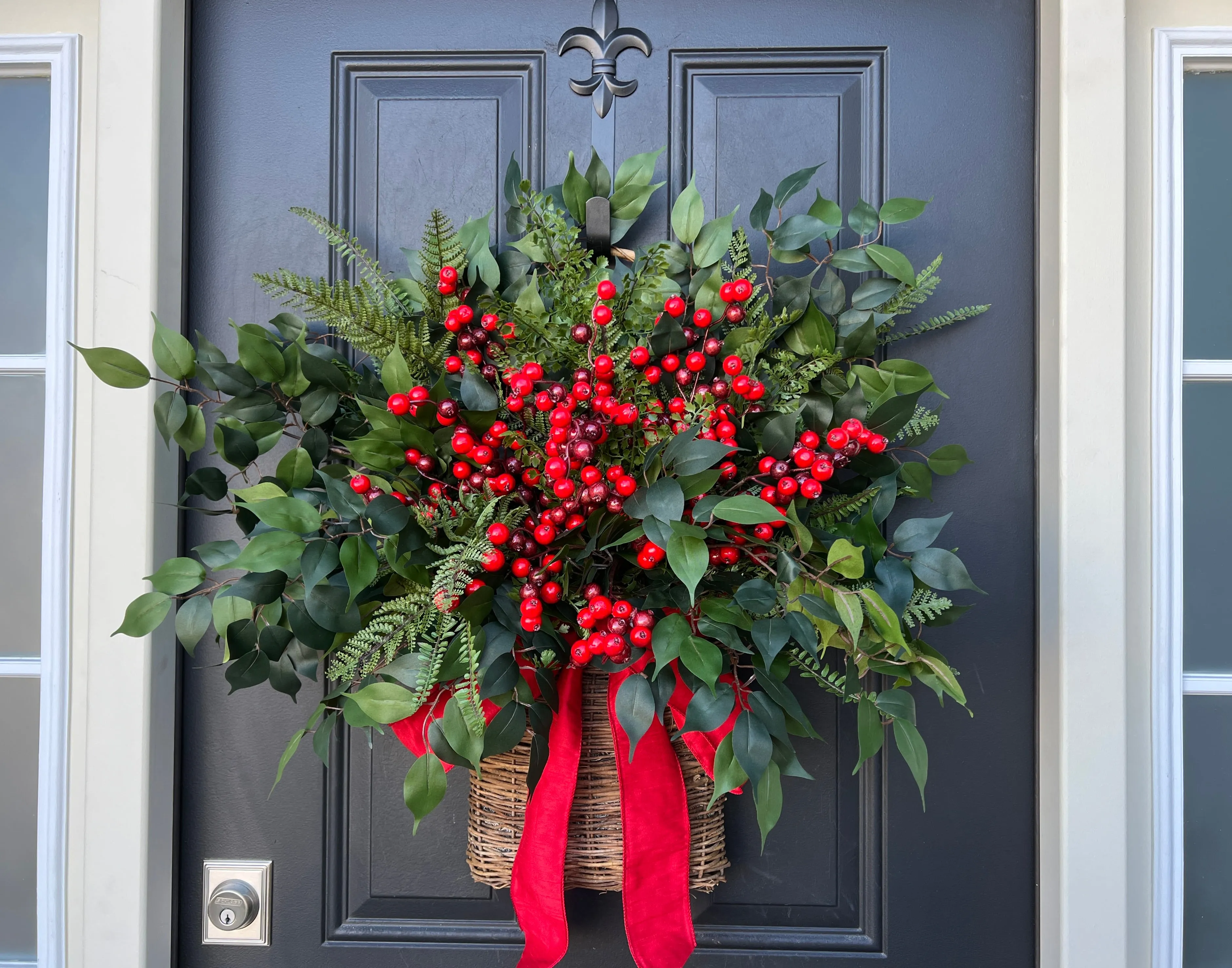 Farmhouse Winter Fern and Red Berry Door Basket