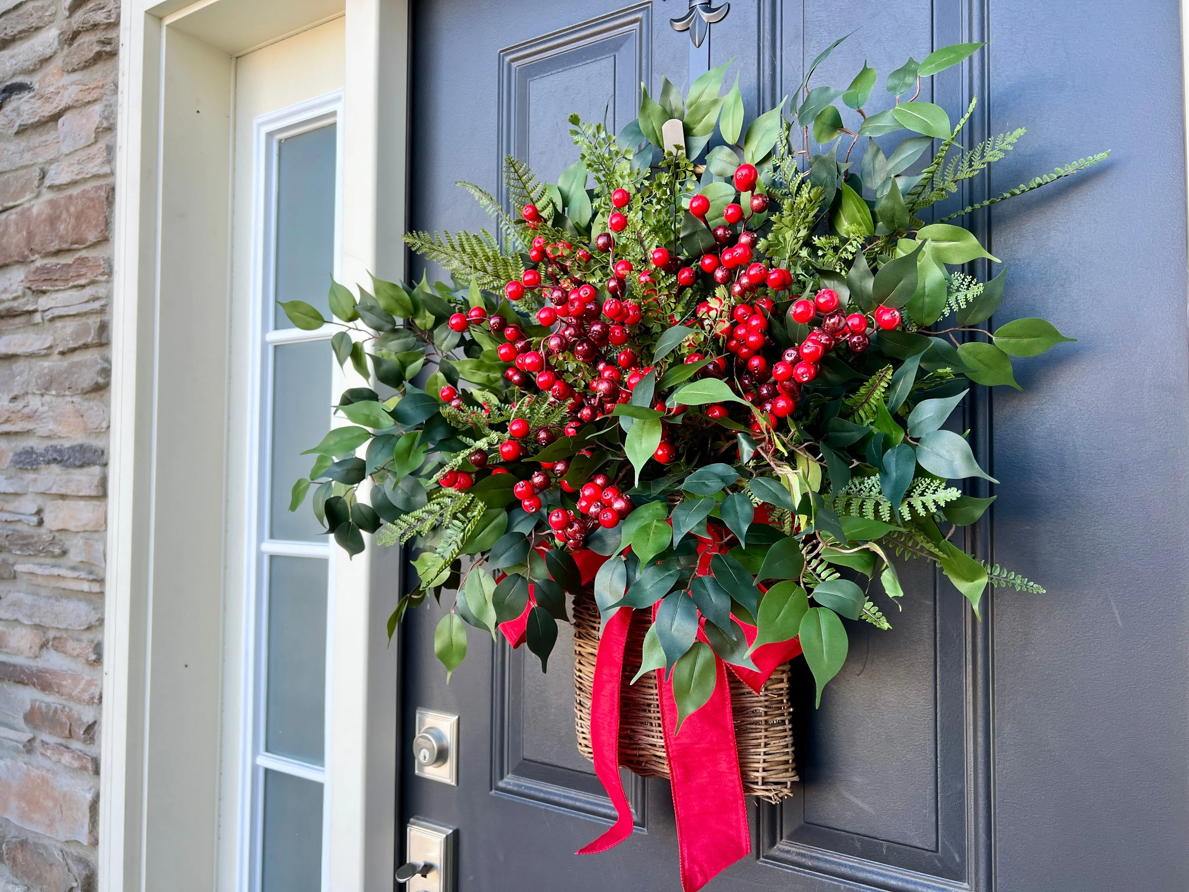 Farmhouse Winter Fern and Red Berry Door Basket