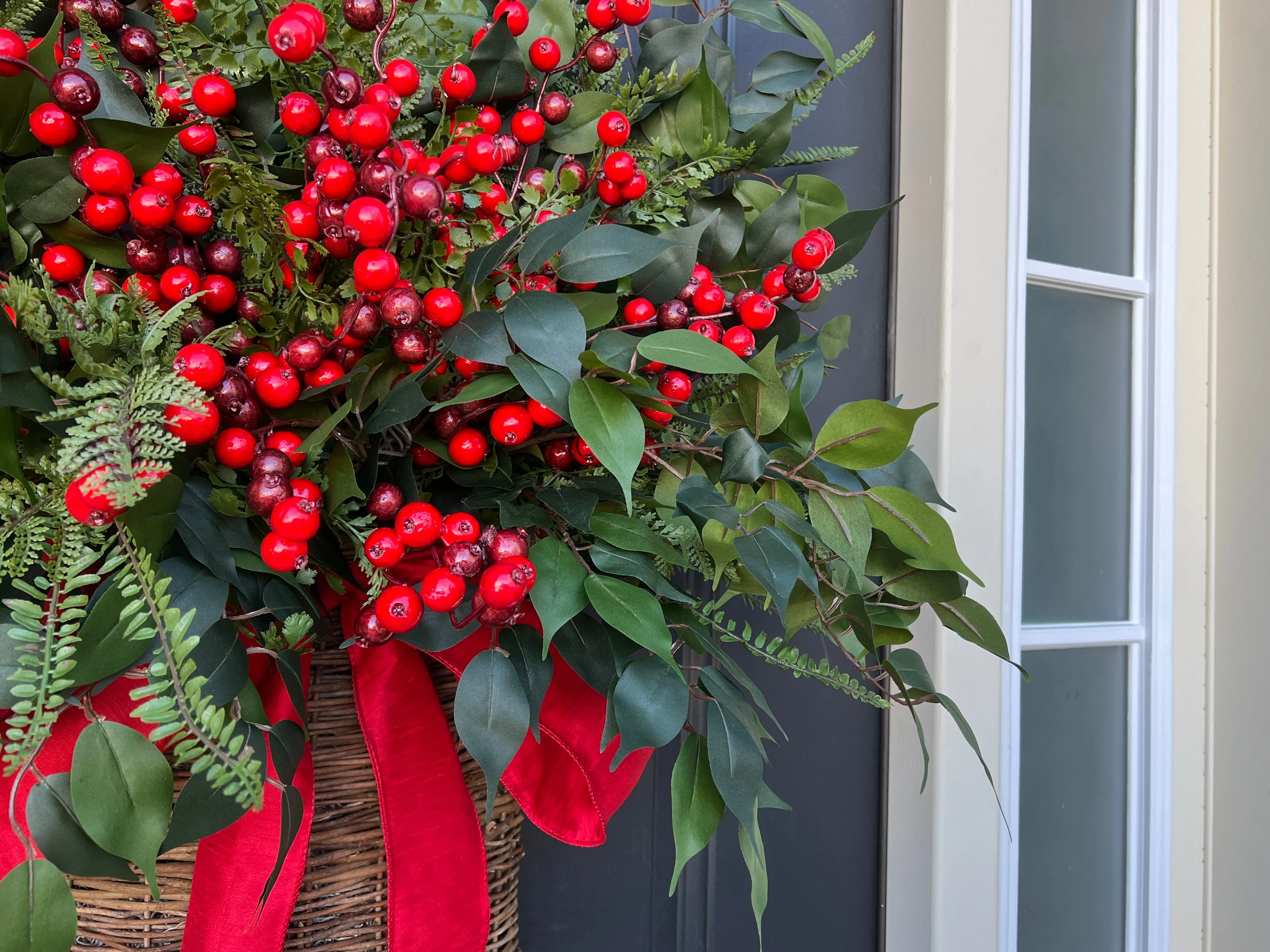 Farmhouse Winter Fern and Red Berry Door Basket