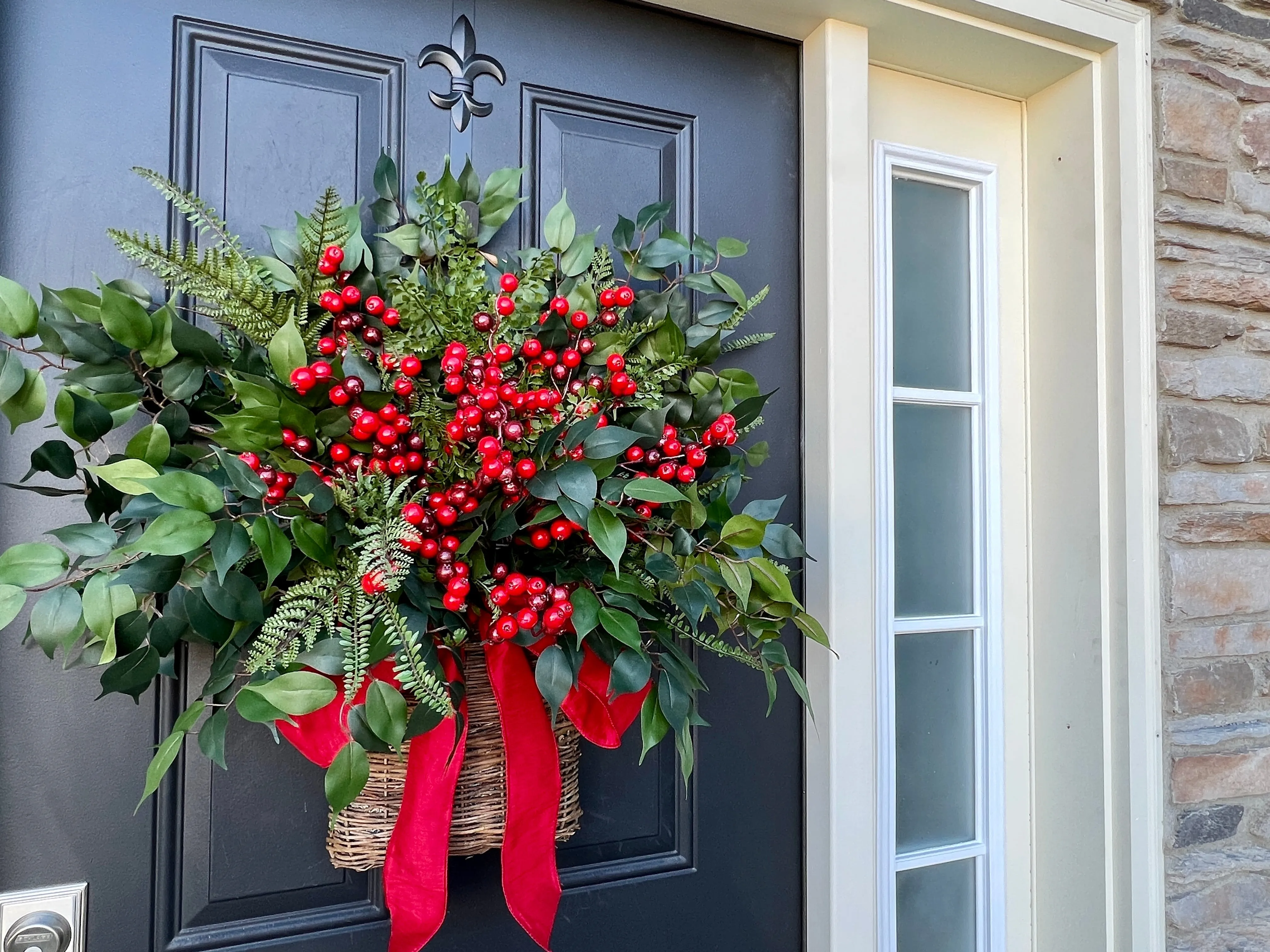 Farmhouse Winter Fern and Red Berry Door Basket