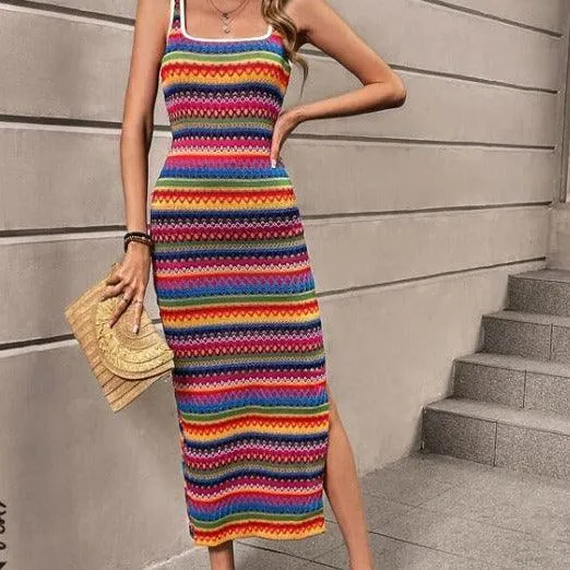 Fashion Casual Striped Sleeveless Square Collar Dress Women