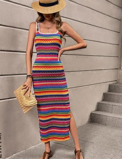 Fashion Casual Striped Sleeveless Square Collar Dress Women