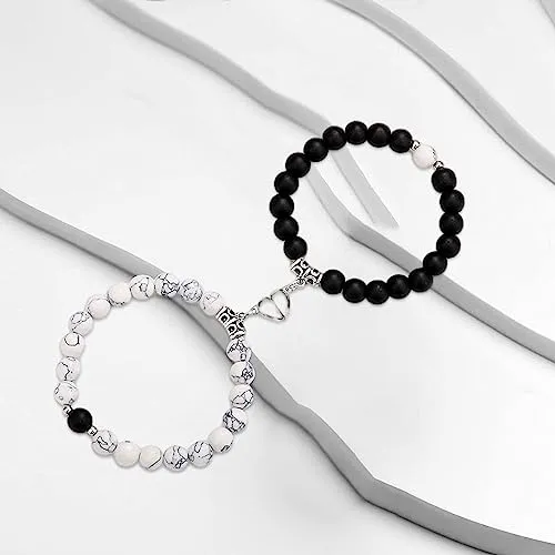 Fashion Frill Stylish Couple Bracelets Black & White Natural Stone Onyx Stretchable Wrist Band Heart Magnetic Bracelet For Women Men Boys Girls Love Gifts Friendship Bracelets