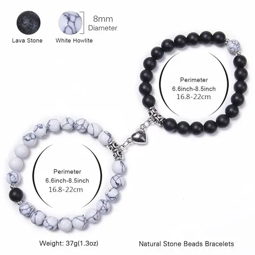 Fashion Frill Stylish Couple Bracelets Black & White Natural Stone Onyx Stretchable Wrist Band Heart Magnetic Bracelet For Women Men Boys Girls Love Gifts Friendship Bracelets