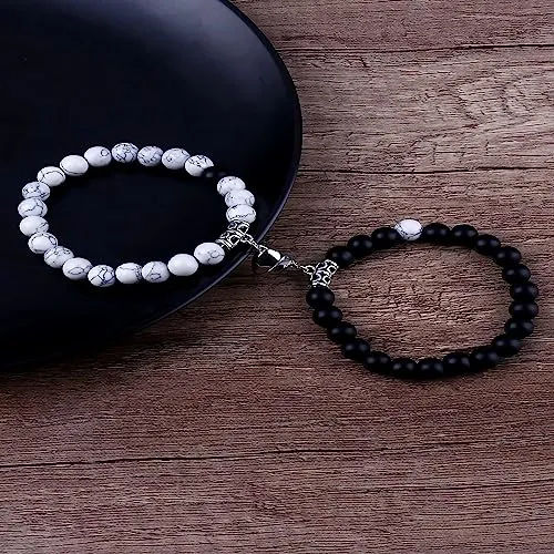 Fashion Frill Stylish Couple Bracelets Black & White Natural Stone Onyx Stretchable Wrist Band Heart Magnetic Bracelet For Women Men Boys Girls Love Gifts Friendship Bracelets