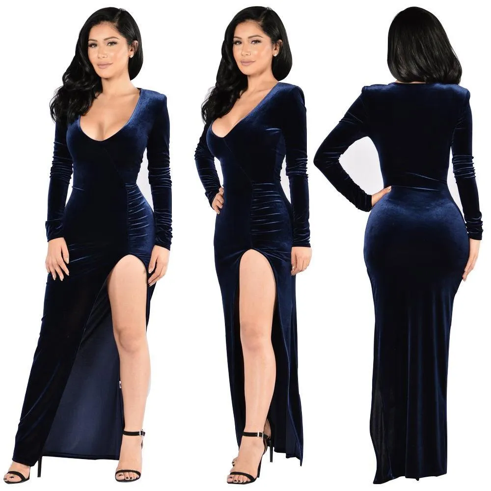 Fashion Gold velvet fabric dress party dress Long Sleeves V-neck dress