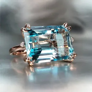 Fashion Jewelry 4 Claw Sky Blue Zircon Cocktail Rings for Women in Rose Gold Color