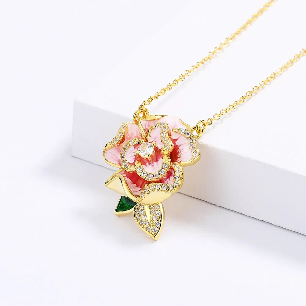 Fashion Jewelry Big Pink Flower Enamel Pendant Necklaces with Zircon in Gold Silver