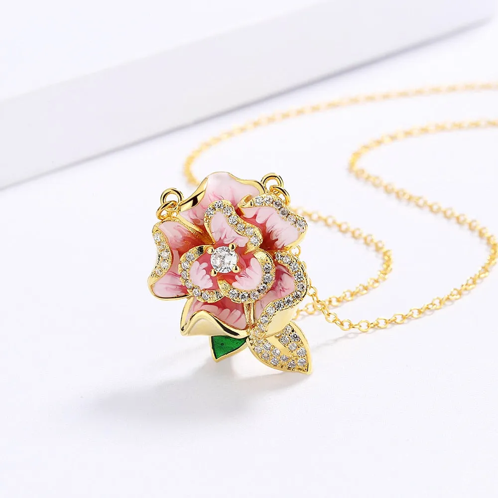 Fashion Jewelry Big Pink Flower Enamel Pendant Necklaces with Zircon in Gold Silver