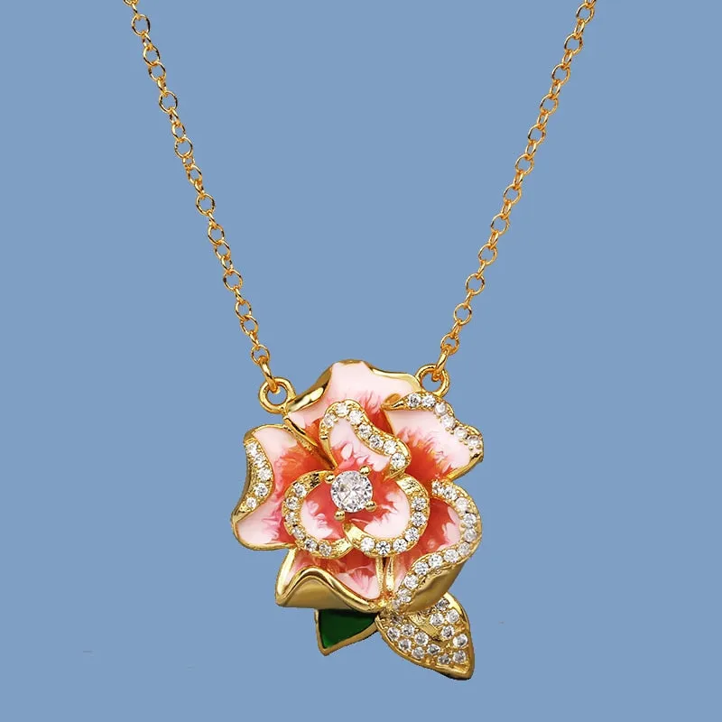 Fashion Jewelry Big Pink Flower Enamel Pendant Necklaces with Zircon in Gold Silver