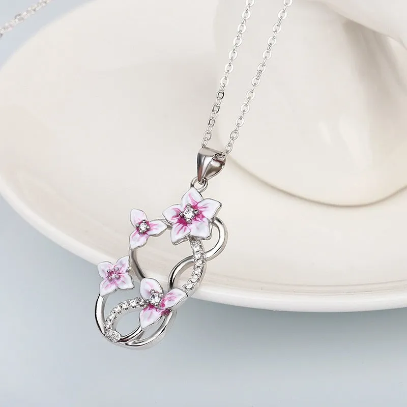 Fashion Jewelry Elegant Violet Flower Enamel Pendant Necklaces with Zircon in Silver Color