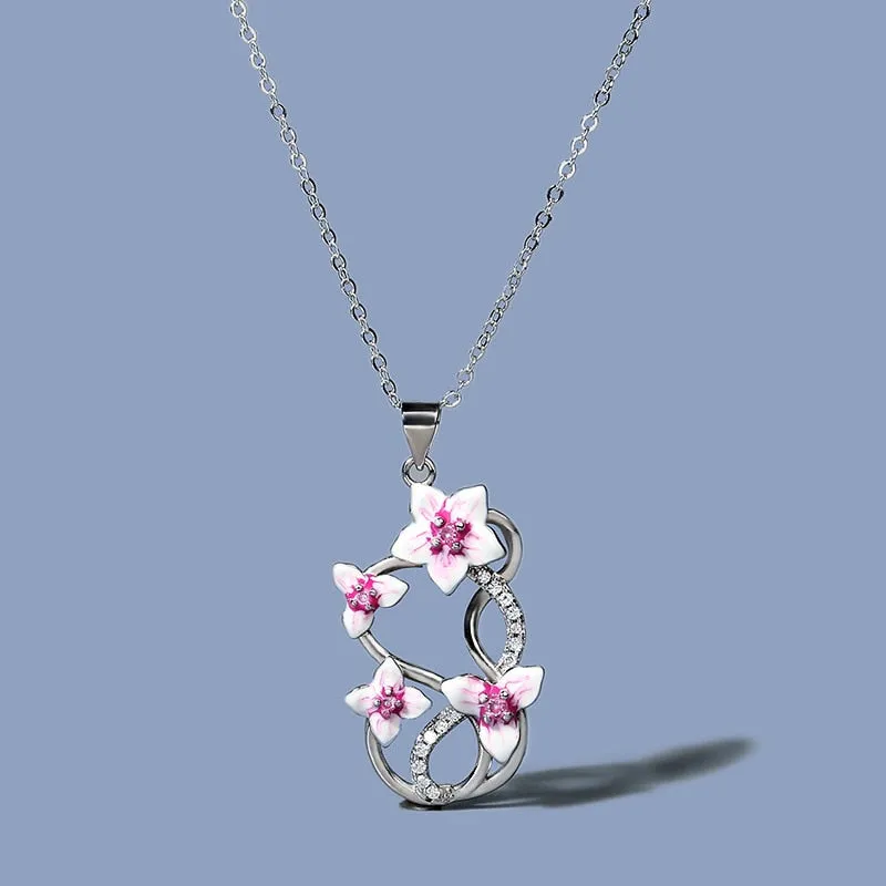 Fashion Jewelry Elegant Violet Flower Enamel Pendant Necklaces with Zircon in Silver Color