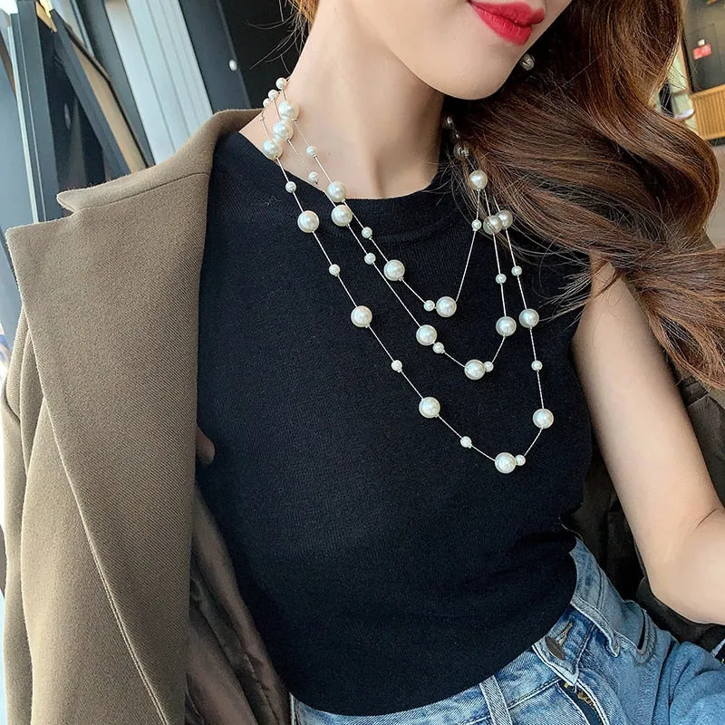 Fashion Jewelry Imitation Pearl Long Chains Necklace for Women as Sweater Accessories