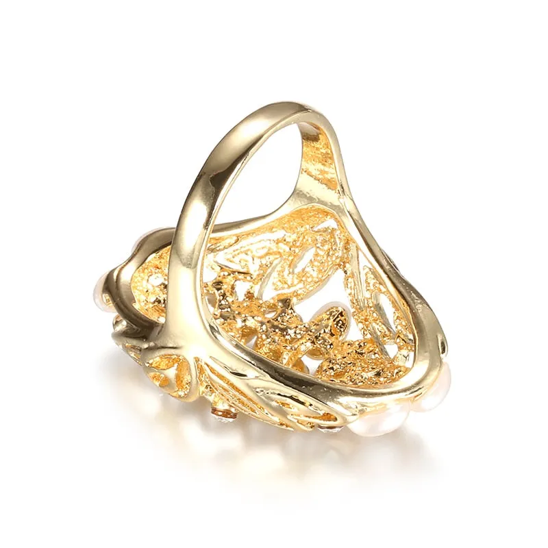 Fashion Jewelry Leaf Pearl Ring For Women with Zircon in Gold Color