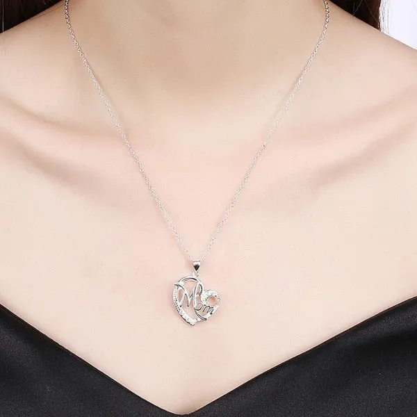 Fashion Jewelry MOM Letter Heart Pendant Necklace for Mother with Zircon in Silver Color