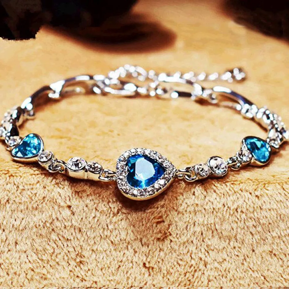 Fashion Jewelry Romantic Blue Heart Cut Crystal Bracelet for Women