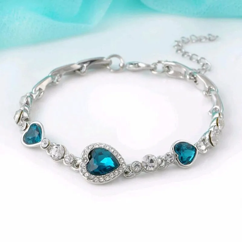 Fashion Jewelry Romantic Blue Heart Cut Crystal Bracelet for Women