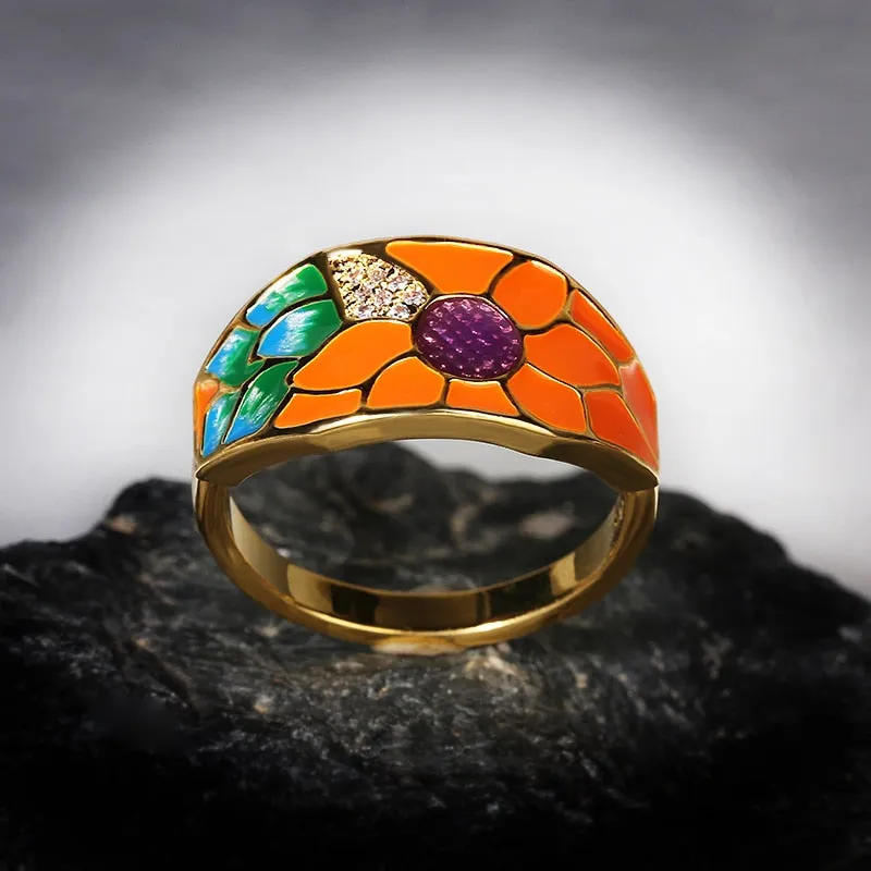 Fashion Jewelry Sun Flower Enamel Ring for Women with Zircon in 925 Silver