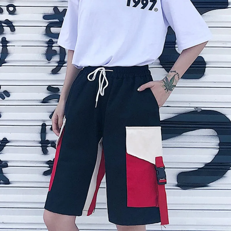 Fashion Patchwork Women Cargo Shorts Summer High Waist Lace Up Pocket Korean Loose Cotton Girls Streetwear Wide Leg Shorts