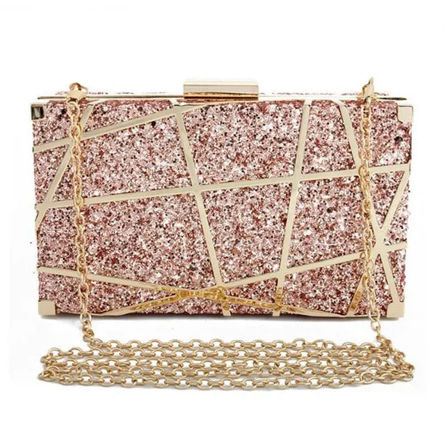 Fashion Sequined Clutch  Evening Bag Metal Chain Handbag Wedding Banquet Purse and Handbag