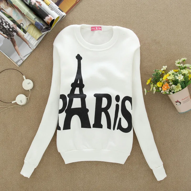 Fashion Spring Fall Women's Wear Long Sleeved Slim Sweatshirts Printed Paris Pullover Sweatshirts Student Clothing