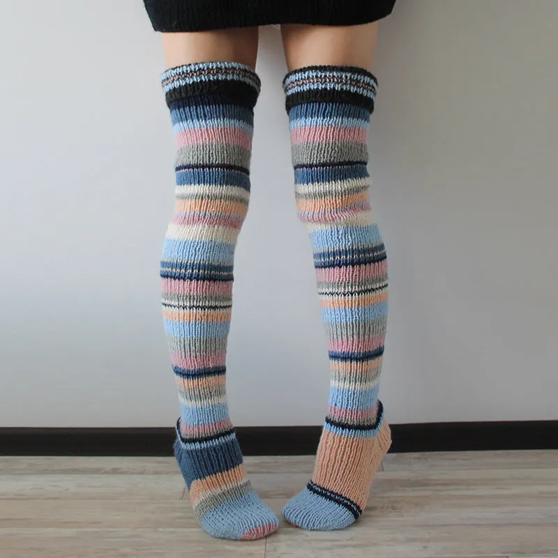 Fashion Y2K Striped Long Knee-high Knitted Pile Of Socks For Women