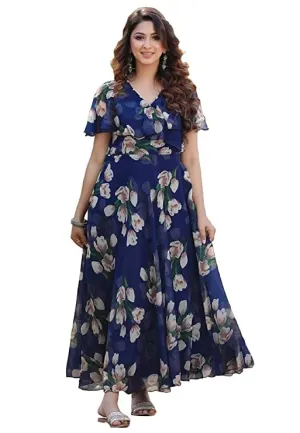 Fashion2wear Women's Georgette Casual Knee Length Fit & Flare Long Gown Dress (XX-Large, Blue)