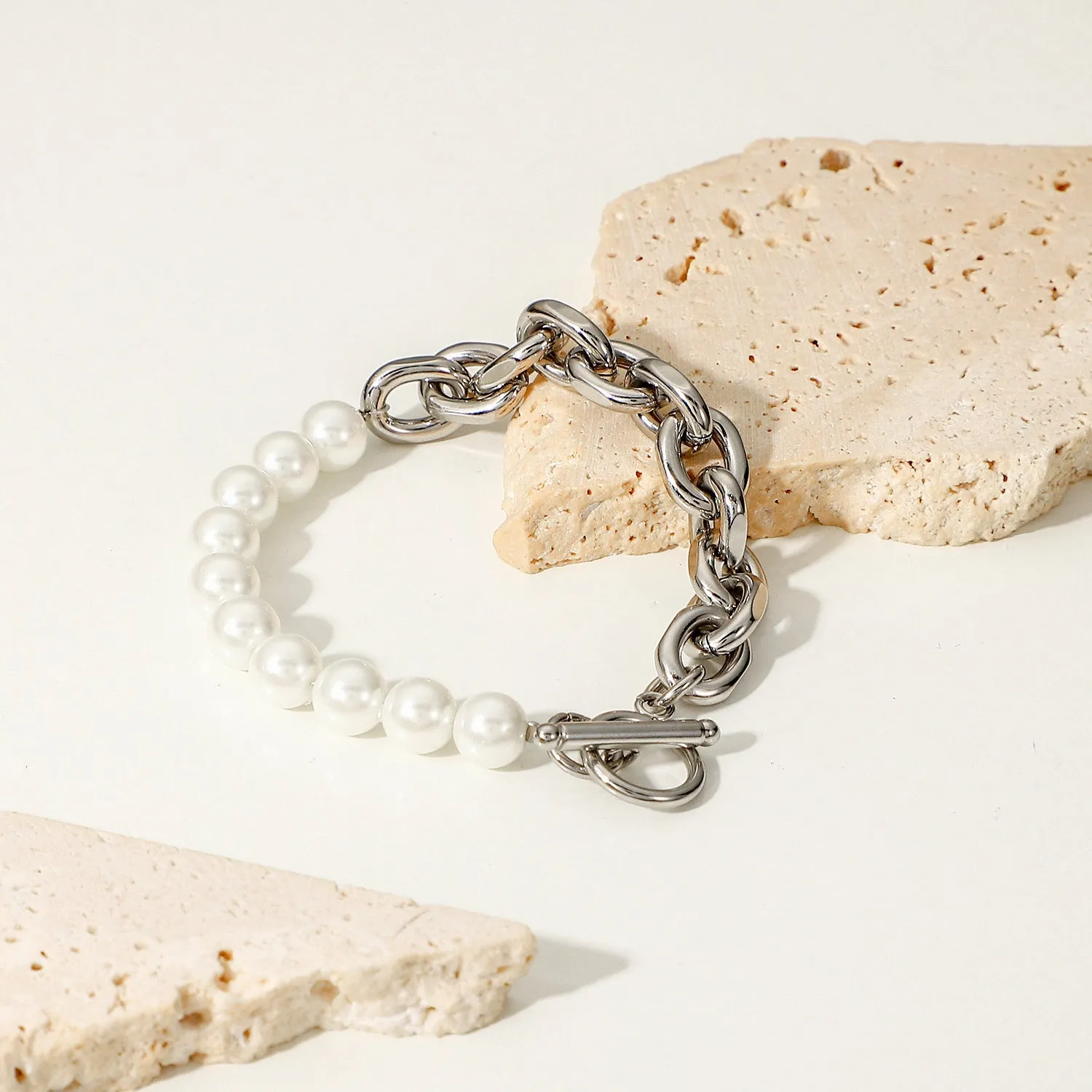 Fashionable pearl and stainless steel chain all-match bracelet