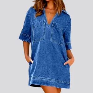 Fashionable v-neck denim caftan dress