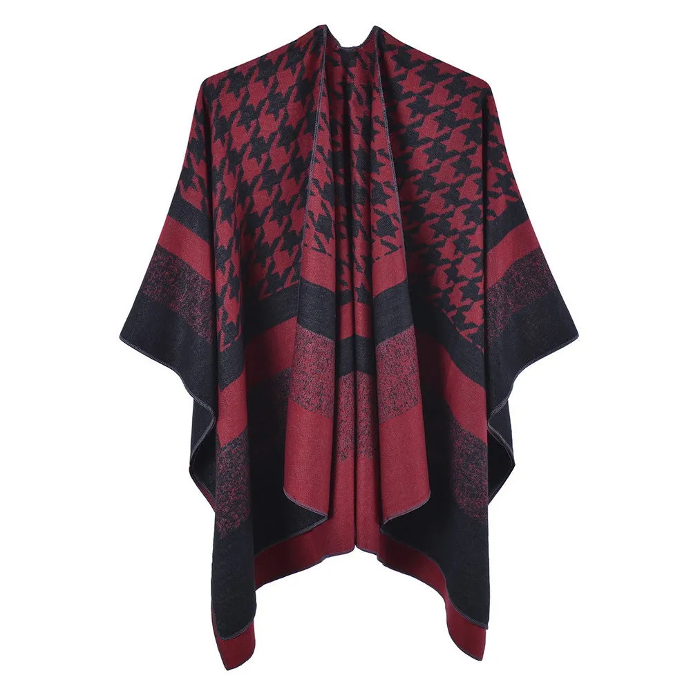 Fashionable Women's Shawl Thousand Bird Double Sided Thickened Warm Cashmere Split Cape