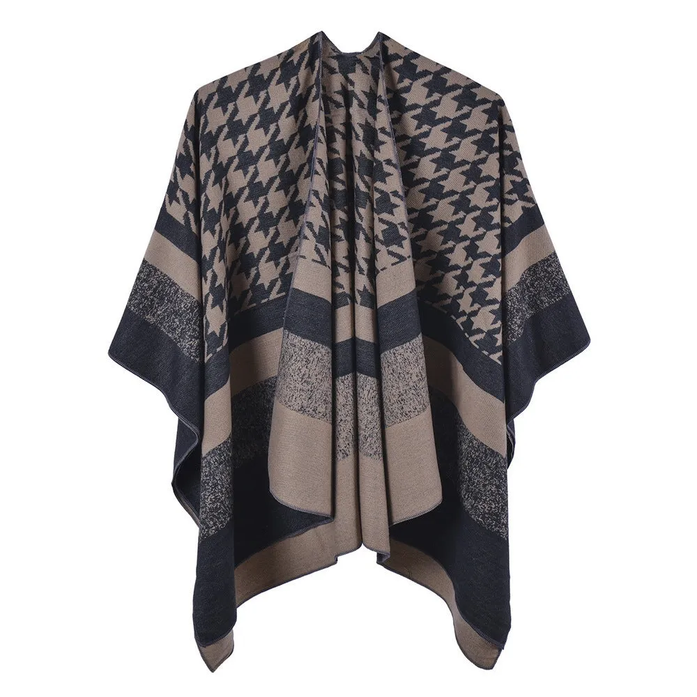 Fashionable Women's Shawl Thousand Bird Double Sided Thickened Warm Cashmere Split Cape