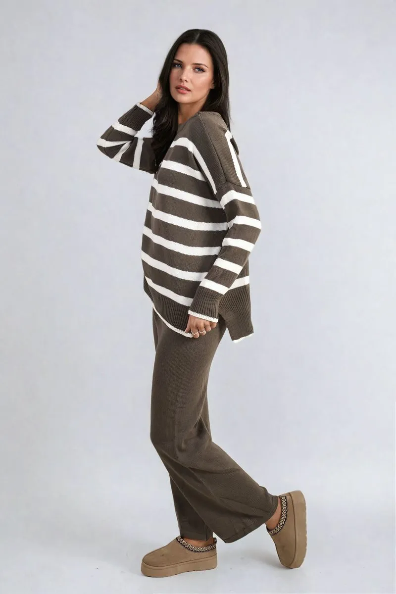 Fatima Knitted Striped Long Sleeve Top and Pants Co-ord Set