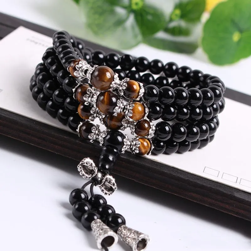 Fatpig Negro Color de Ojo de Tigre Crystal Tíbet Budista Buda Meditación 108 Prayer Bead Mala Pulsera/Collar