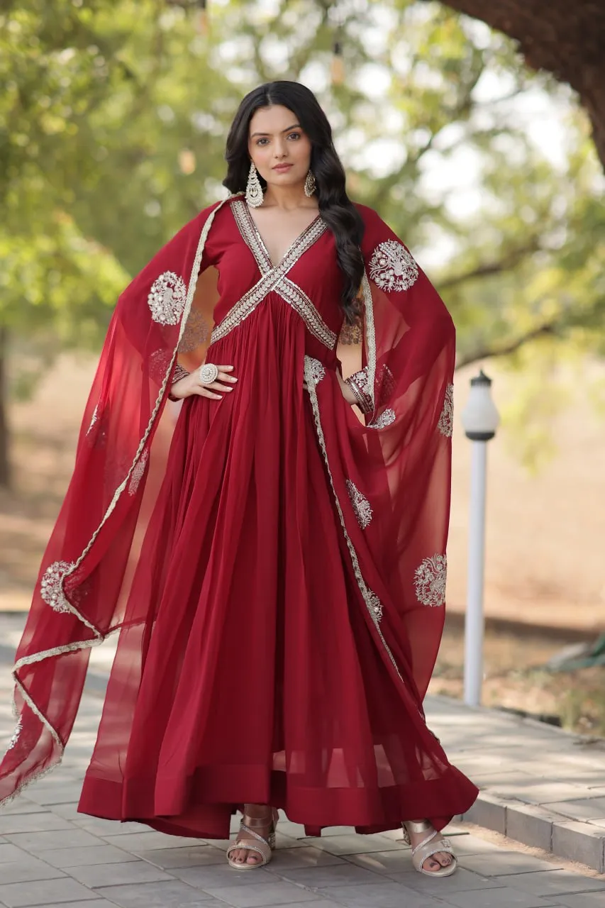 Faux Blooming Embroidered Maroon Gown with Sequins & Designer Dupatta