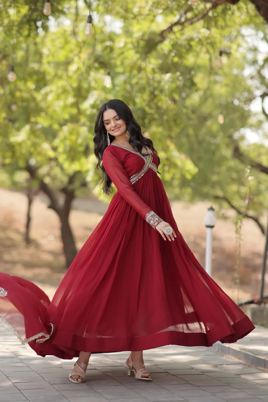 Faux Blooming Embroidered Maroon Gown with Sequins & Designer Dupatta