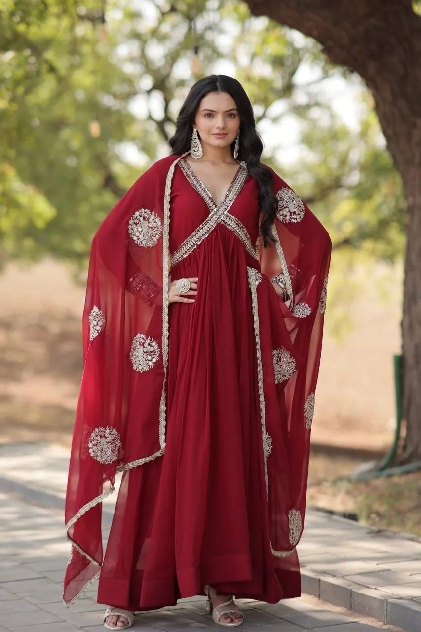 Faux Blooming Embroidered Maroon Gown with Sequins & Designer Dupatta