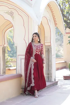 Faux Blooming Maroon Embroidered Gown with Viscose Jacquard & Dupatta