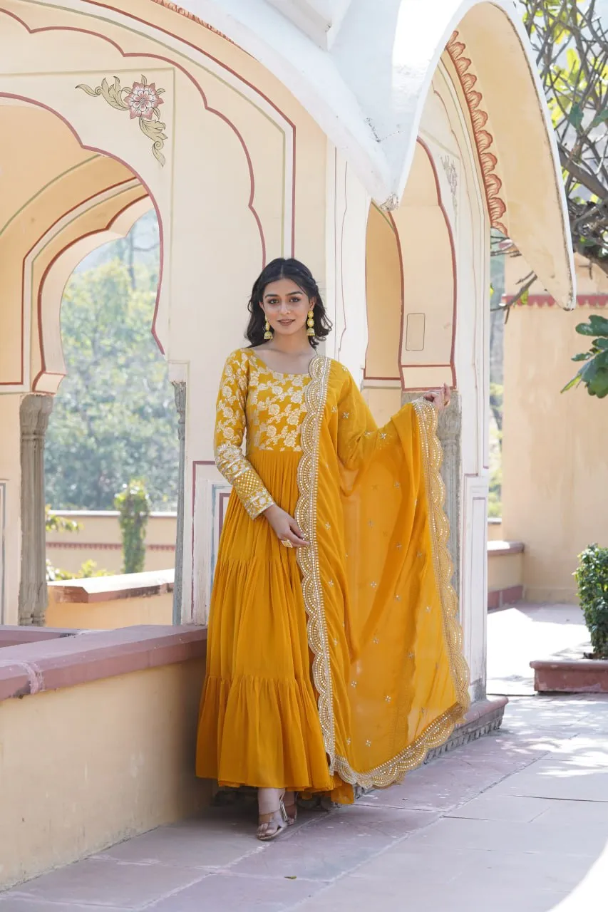 Faux Blooming Yellow Embroidered Gown with Viscose Jacquard & Dupatta