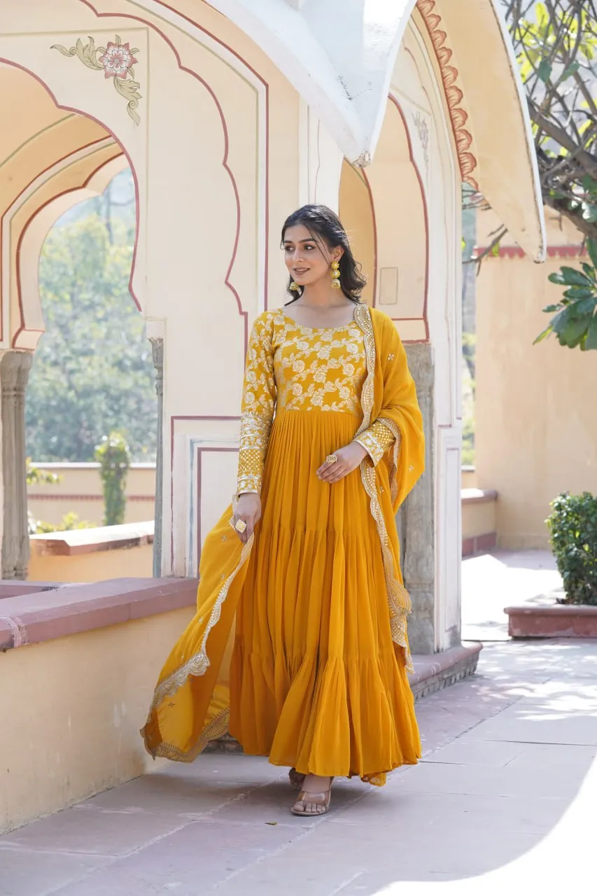 Faux Blooming Yellow Embroidered Gown with Viscose Jacquard & Dupatta