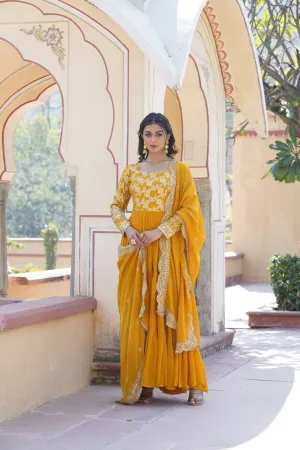 Faux Blooming Yellow Embroidered Gown with Viscose Jacquard & Dupatta