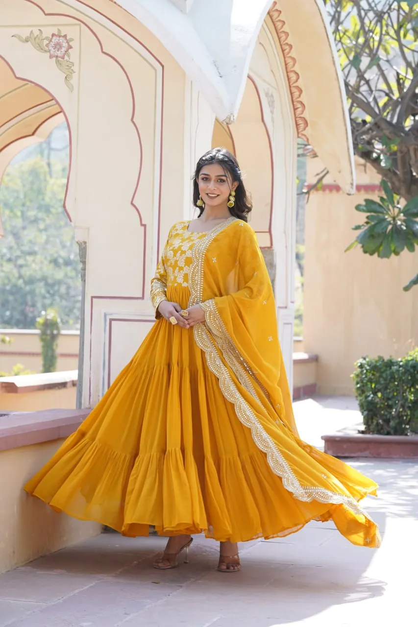 Faux Blooming Yellow Embroidered Gown with Viscose Jacquard & Dupatta