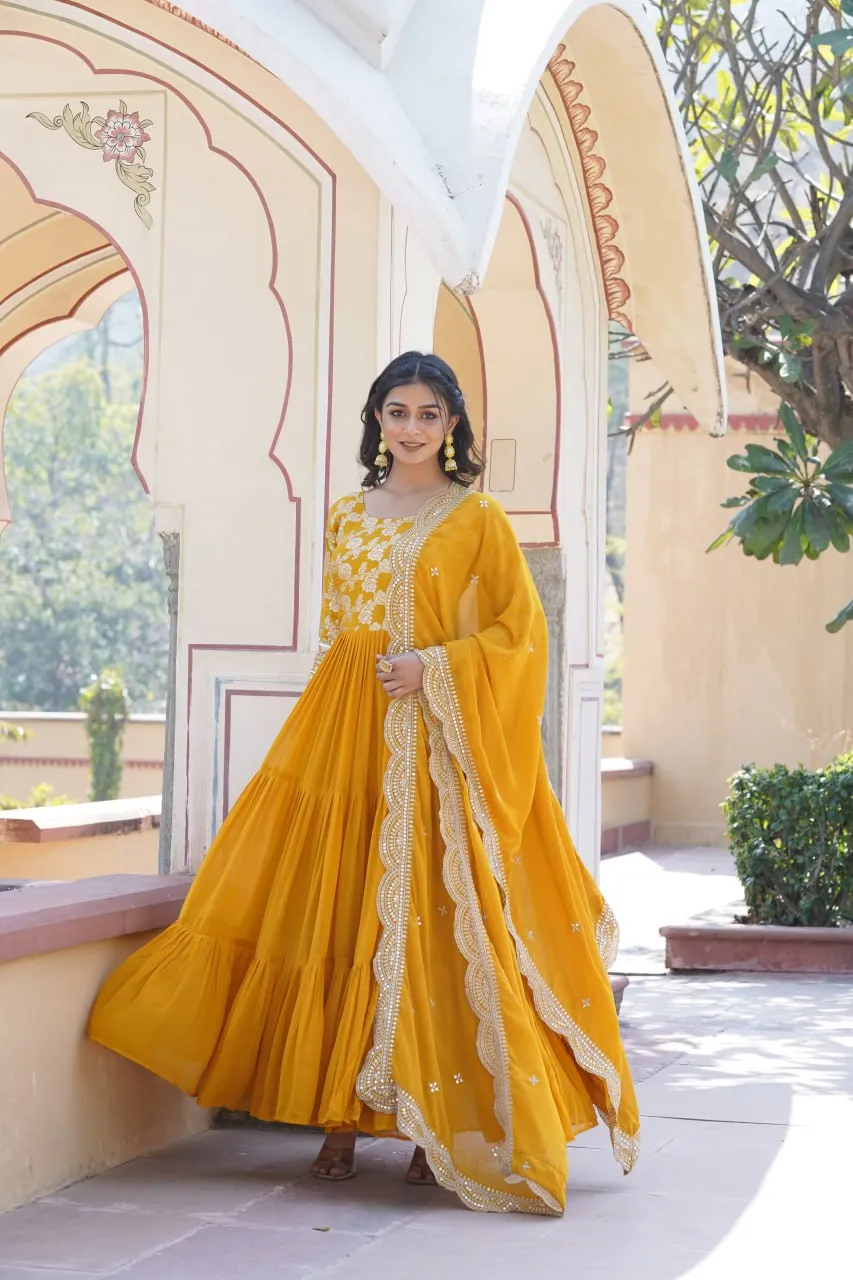 Faux Blooming Yellow Embroidered Gown with Viscose Jacquard & Dupatta