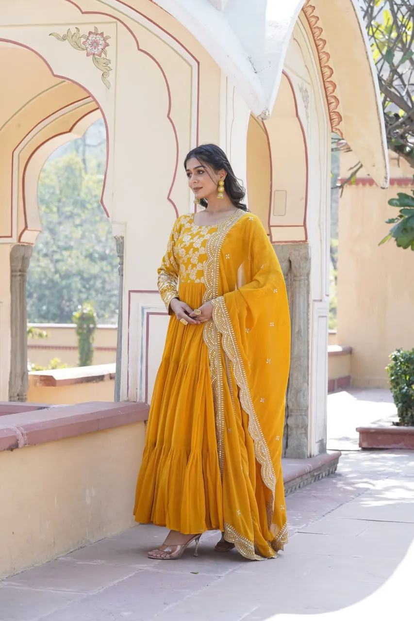 Faux Blooming Yellow Embroidered Gown with Viscose Jacquard & Dupatta