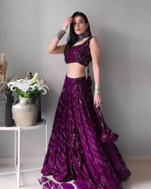 Faux Georgette Dark Purple Lehenga Choli Dupatta Set with Thread Embroidery & Dewdrop Dupatta