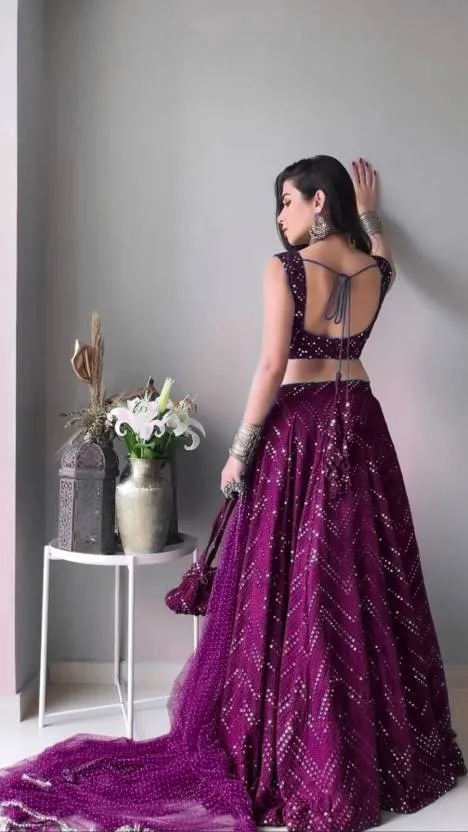 Faux Georgette Dark Purple Lehenga Choli Dupatta Set with Thread Embroidery & Dewdrop Dupatta