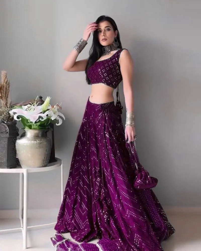 Faux Georgette Dark Purple Lehenga Choli Dupatta Set with Thread Embroidery & Dewdrop Dupatta