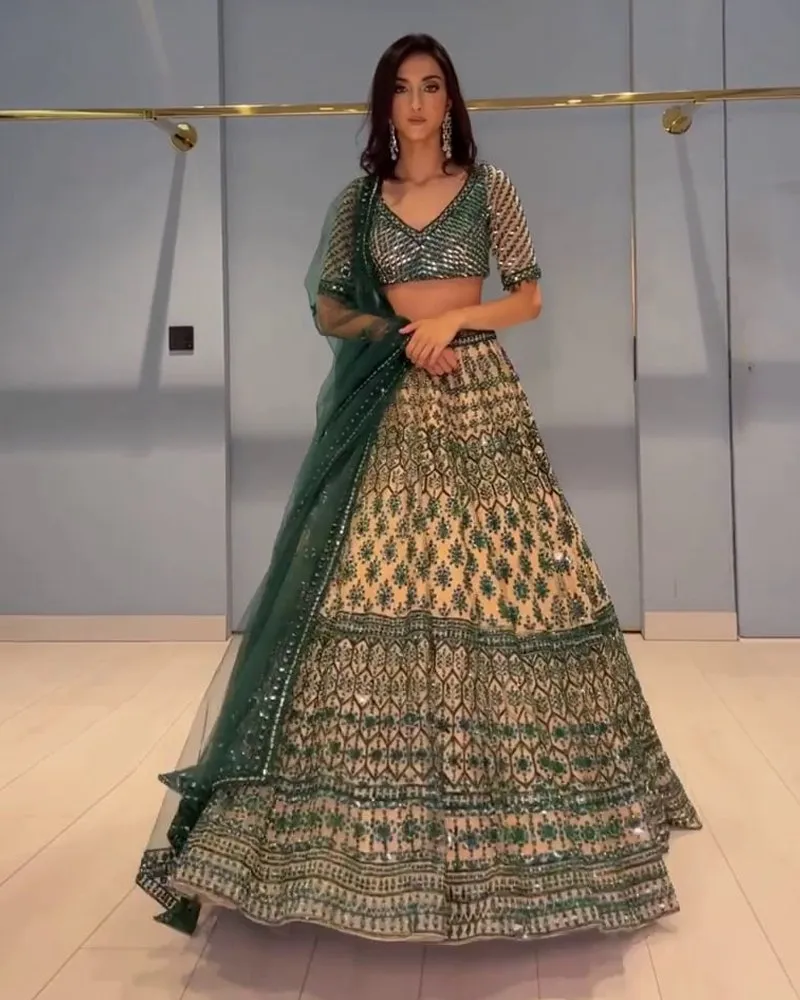 Faux Georgette Green Lehenga Choli Dupatta Set with Sequined Embroidery