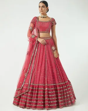 Faux Georgette Magenta Lehenga Choli Dupatta Set with Sequin & Jari Embroidery, 4 Meter Flair