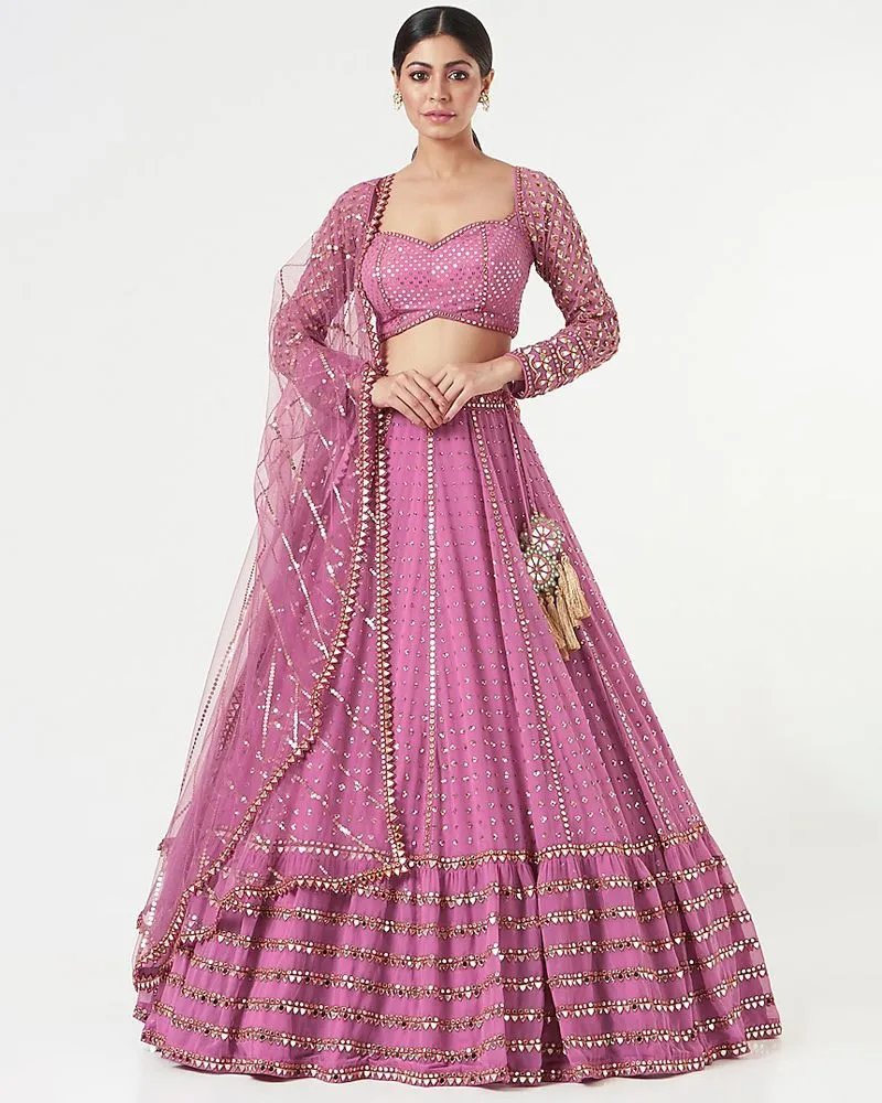 Faux Georgette Pink Lehenga Choli Dupatta Set with Sequin & Jari Embroidery