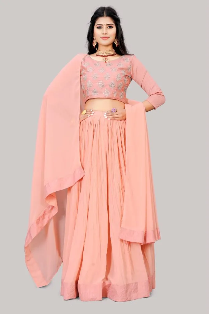 Faux Georgette Pink Lehenga Choli Set with Crush Work & Embroidered Heavy Banglori Silk Choli